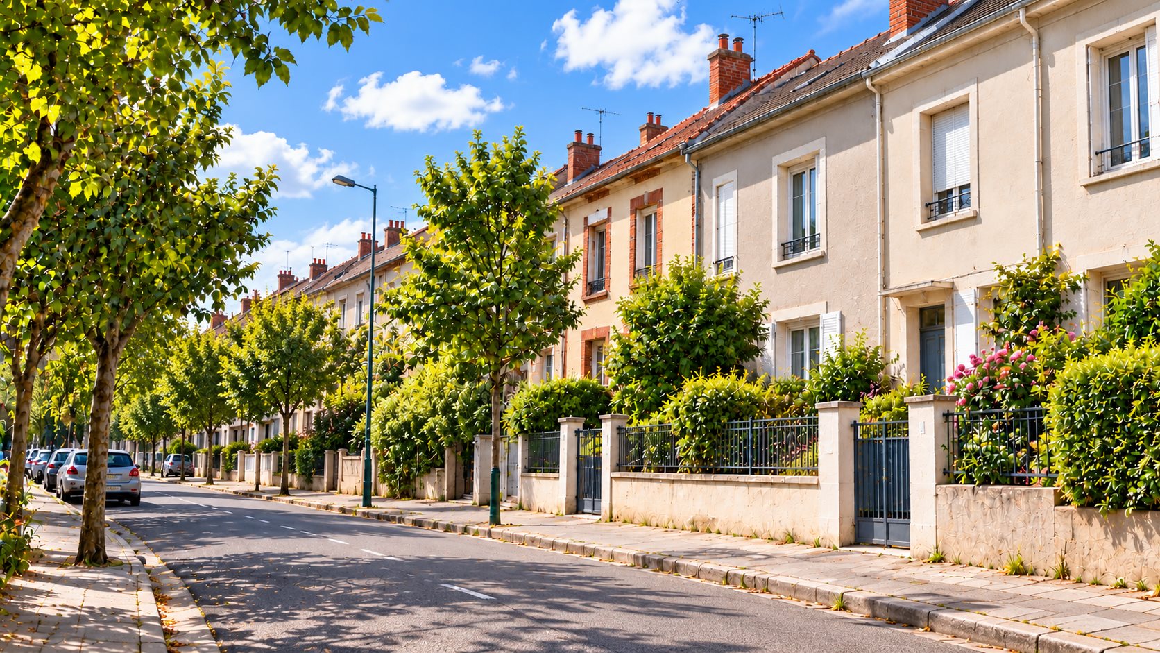 Maisons de quartier et rue arborée — bandeau IMMOGES